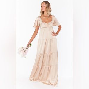 Show Me Your Mumu Nicole Maxi Dress in Champagne Luxe Satin - Size L
